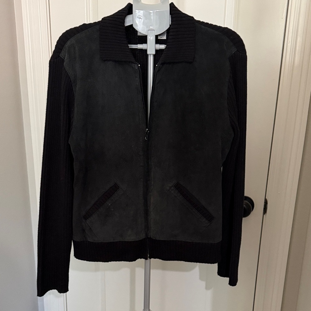 Chico's vintage Dark Leather Jacket with Sweater Ribbed Sleeves